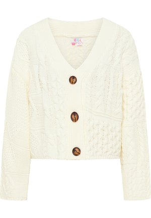 Cardigan lavorato a maglia crema con scollo a V, tre grandi bottoni marroni e un motivo testurizzato con vari design a treccia.