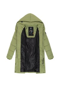 Green padded jacket with a hood. Interior lined in black fabric, featuring a patterned texture. Fastened with silver snaps and zippers.