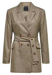 Bruine, gestructureerde blazer met een dubbelzijdige voorkant, bijpassende riem, enkele borstzak en grote gouden knopen. Op maat gemaakte pasvorm.