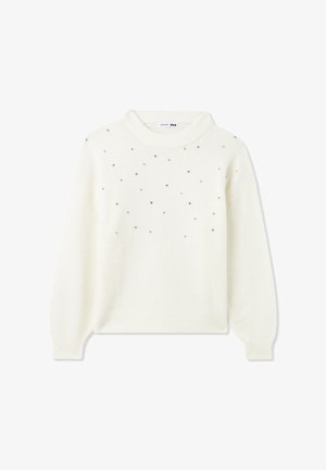 Maglione color crema con scollatura rotonda e maniche lunghe. Presenta dettagli metallici sparsi. Realizzato in un morbido tessuto testurizzato.