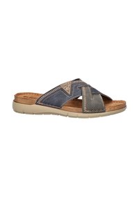 Men's slide sandals featuring a blue and gray textured upper, cross-strap design, tan accents, and a cushioned tan insole with a flexible sole.