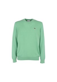 Maglione verde leggero con collo rotondo, polsini e orlo a costine, caratterizzato da un piccolo logo ricamato sul petto. Texture morbida.