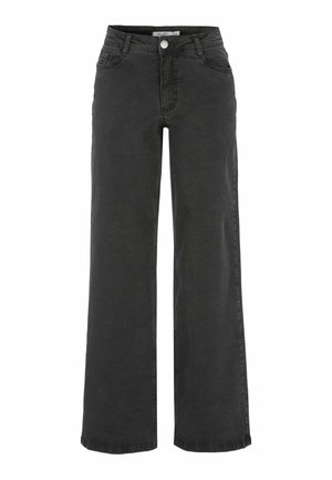 Schwarze hochtaillierte Straight-Leg-Jeans mit Fronttaschen, Gürtelschlaufen und einem silbernen Knopfverschluss.