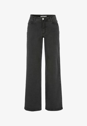 Mustat korkeavyötäröiset suorat farkut etutaskuilla, vyölenkeillä ja hopeisella napilla.