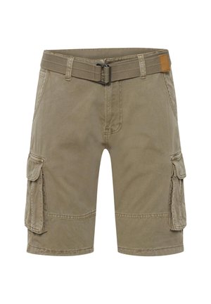 Pantaloni cargo beige con tasche laterali a soffietto e una cintura regolabile in tessuto con fibbia metallica.