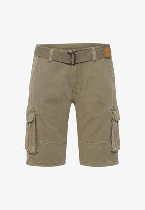 Beige cargo shorts med sidelommer med klaff og et justerbart stoffbelte med metallspenne.