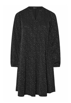 Vestito nero con scollatura a V, maniche lunghe e orlo svasato. Presenta un motivo testurizzato sottile su tutto il tessuto.