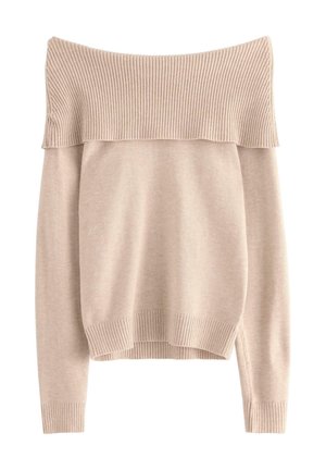 Hellbeige, schulterfreier Pullover aus weichem Strickmaterial, der an Hals- und Saumabschluss eine Rippstruktur aufweist und lange Ärmel hat.