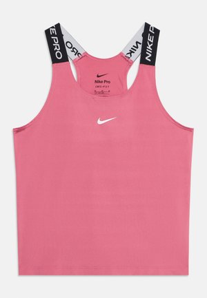 Canotta sportiva rosa senza maniche Nike Pro Dri-FIT con spalline elastiche brandizzate in nero e bianco.