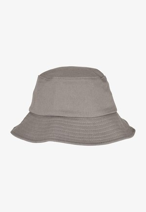 Grå bomuldsbuket hat med en struktureret top, bred skygge og synlige stikninger langs kanten. Enkel, funktionel design.