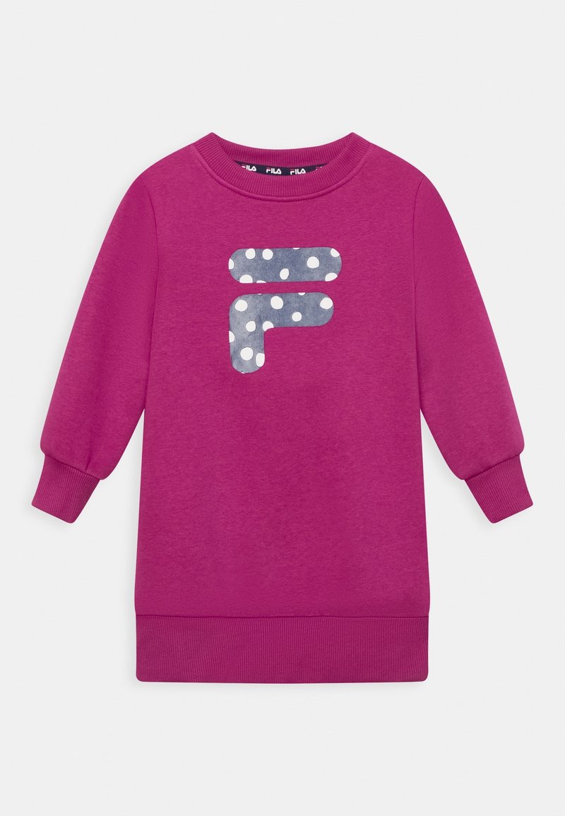 Sweat-shirt à manches longues magenta pour enfants avec un logo de marque à pois sur la poitrine et des poignets et un ourlet côtelés.