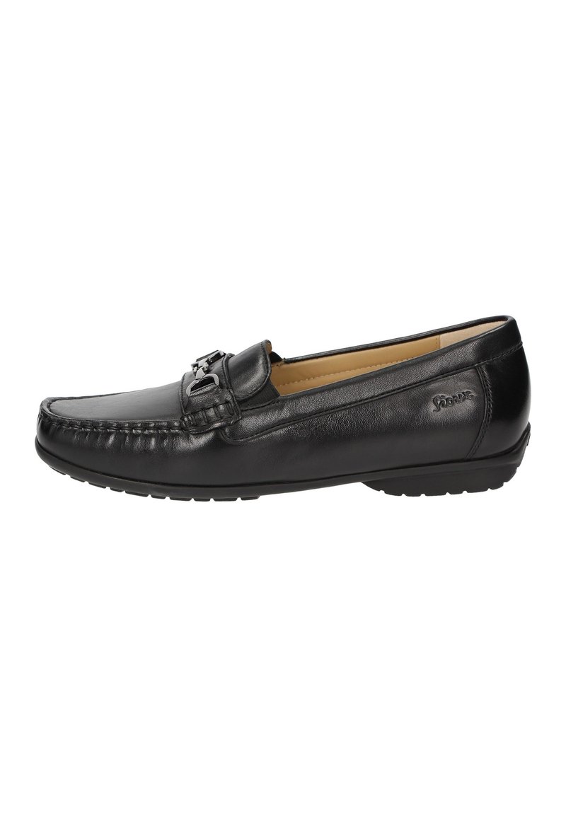 Zwarte leren loafers met een ronde neus, decoratieve hardware aan de voorkant, gestikte details en een gestructureerde buitenzool voor grip.