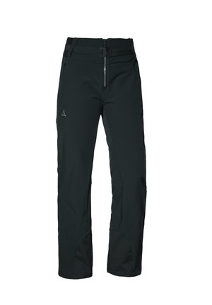 Zwarte skibroek van softshell materiaal, met een ritssluiting, een verstelbare tailleband en versterkte onderste zoom voor duurzaamheid.