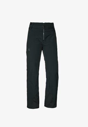 Black ski pants made of soft shell material, featuring a zip closure, adjustable waistband, and reinforced lower hems for durability.