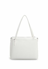 Valge tekstuuriga kandekott kahe õlarihmaga, peal lukuga kinnitusega ja minimalistliku disainiga, millel on sile sisemine vooder.