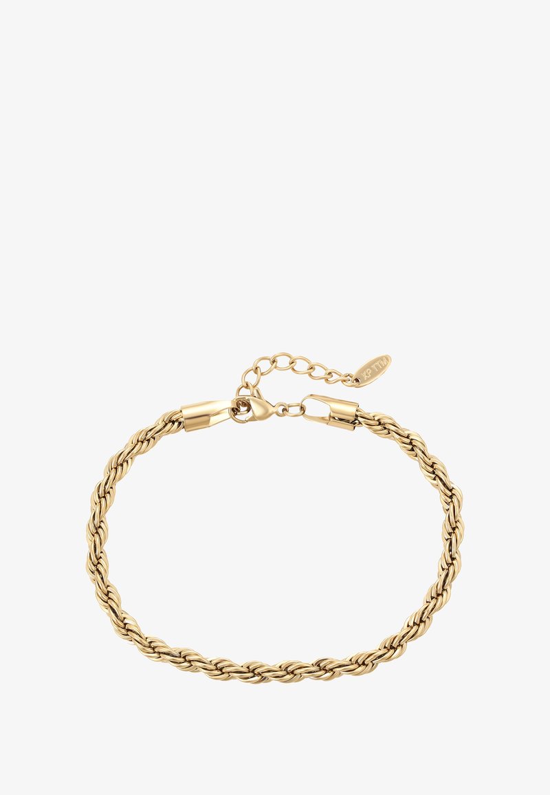 Bracciale in catena a corda attorcigliata in tono dorato con chiusura a moschettone e catena estensibile regolabile con etichetta del marchio.