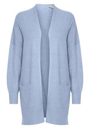 Cardigan azzurro chiaro con una vestibilità ampia, apertura sul davanti, maniche lunghe e due tasche frontali. Realizzato in un morbido tessuto testurizzato.