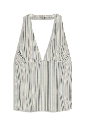 Ärmelloses Neckholder-Top mit vertikalen dünnen Streifen in gedämpften Farben, tiefem V-Ausschnitt und elastischem Band am Hals.