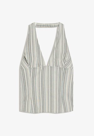 Sleeveless halter top with vertical thin stripes in muted colors, deep V-neck, and elasticated band around the neck.
