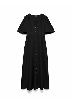 Črna midi obleka s kratkimi krilci na rokavih, V-izrezom, pasom, ki se prilega, in sprednjim gumbnim zapiranjem z majhnimi zlatimi gumbi.