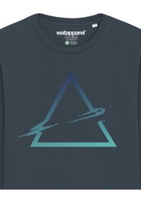 Dunkelblaue Crewneck-Sweatshirt aus Baumwolle, mit einem grauenverlaufenden, dreieckigen Grafikdesign in Teal und Blau, mit einer glatten Textur.