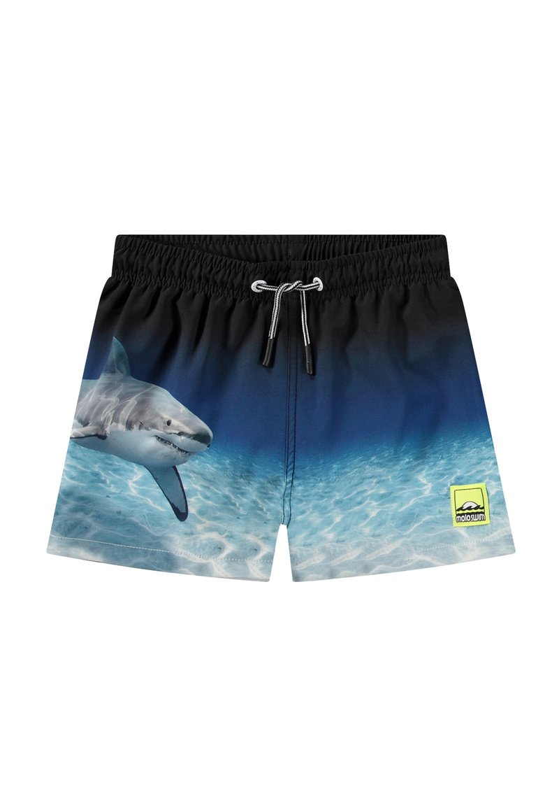 Costume da bagno blu con grafica di uno squalo, cintura elastica con stringa, e una patch del logo in giallo neon sul lato inferiore destro.