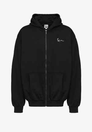 Sweat à capuche zippé noir en tissu mélange de coton. Comprend une poche kangourou et des poignets côtelés avec un petit logo blanc sur la poitrine.