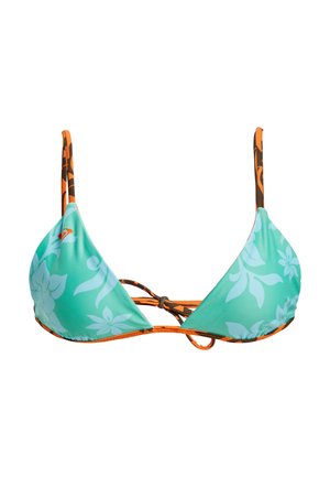 Turquoise bikini top with floral print, orange accents, adjustable straps, and minimal coverage design. Smooth texture with tie-back closure.