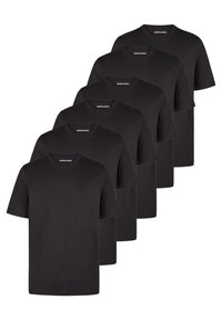 Set aus sechs schwarzen Rundhals-T-Shirts. Aus Baumwolle gefertigt, mit kurzen Ärmeln und einem lockeren Schnitt. Die Etiketten zeigen "JACK & JONES".