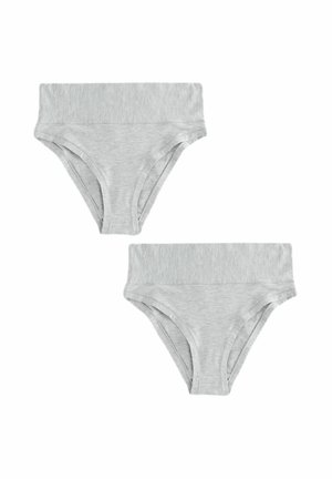 Grå bomuldstrusser med bred elastik i taljen, der har en glat overflade og klassisk snit. To par vises sammen.