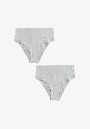 Szürke pamut alsónadrágok széles derékpánttal, sima textúrával és klasszikus szabással. Két pár látható együtt.