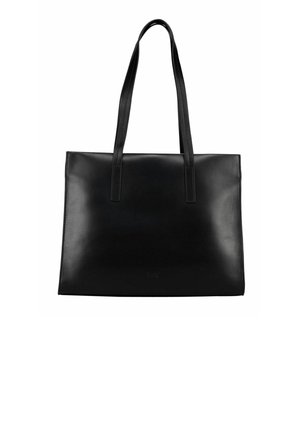 Black leather tote bag with two long shoulder straps, rectangular shape, and smooth surface.