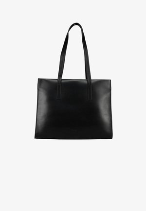 Schwarze Ledertasche mit zwei langen Schulterriemen, rechteckiger Form und glatter Oberfläche.