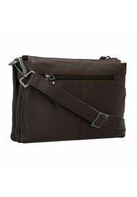 Borsa a tracolla in pelle marrone scuro con tasca con zip, tracolla regolabile, texture liscia e dettagli di cucitura delicati. Forma compatta e rettangolare.