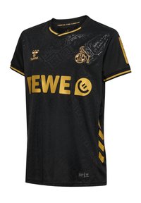 Maillot noir avec motif en relief, arborant un logo "TEWE" jaune et des accents. Manches courtes et encolure ronde avec bordure jaune.