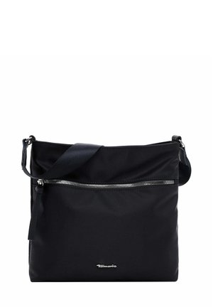 Black nylon shoulder bag with a zippered front pocket, adjustable strap, and subtle embossed logo at the bottom. Smooth texture, minimalistic design.