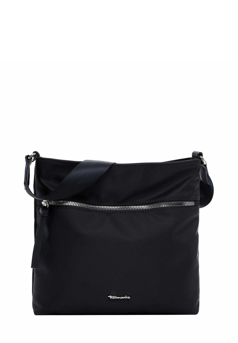 Svart nylon axelväska med en blixtlåsförsedd framficka, justerbar rem och subtilt präglad logotyp längst ner. Slen yta, minimalistik design.