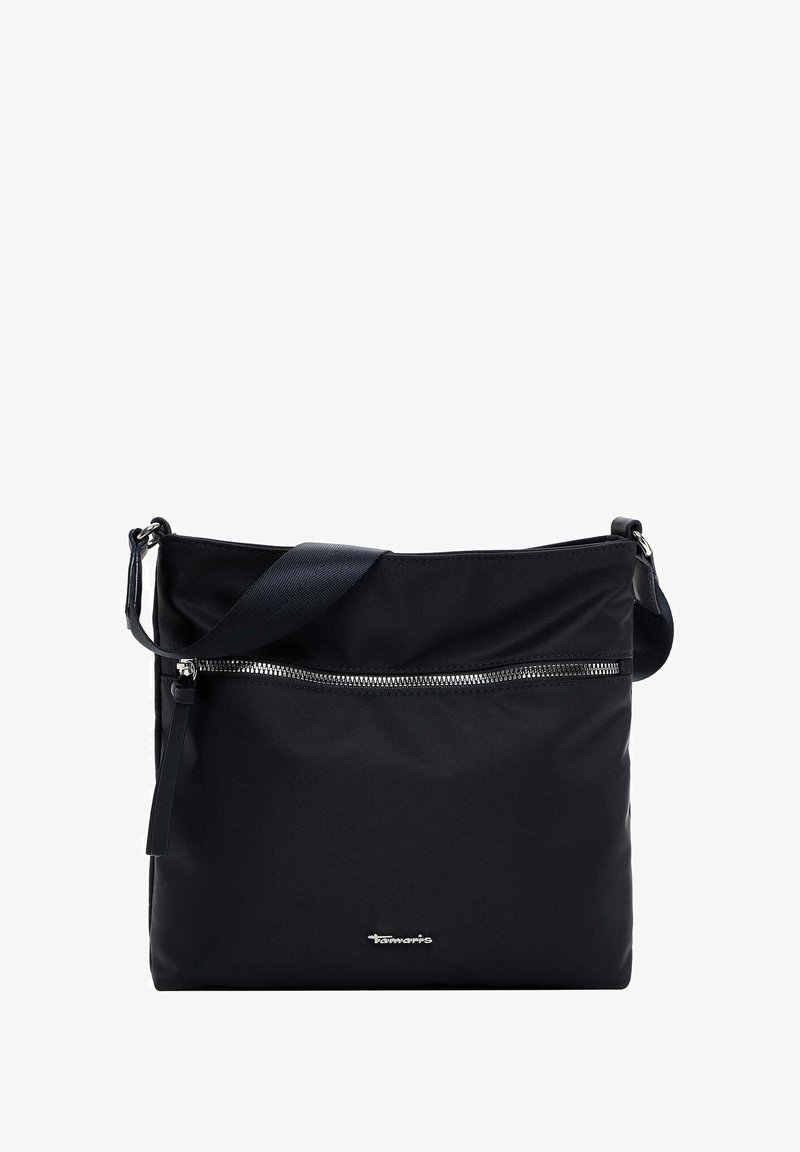 Svart nylon axelväska med en blixtlåsförsedd framficka, justerbar rem och subtilt präglad logotyp längst ner. Slen yta, minimalistik design.