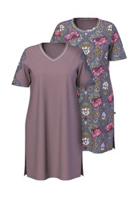 Dvě krátké šaty: jedny jednobarevné v barvě mauve s výstřihem do V a krátkými rukávy, a jedny s květinovým vzorem, kulatým výstřihem a bočními rozparky.