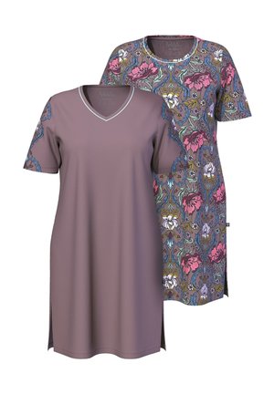 Zwei kurze Kleider: eines in einfarbigem Mauve mit V-Ausschnitt und kurzen Ärmeln und eines mit einem gemusterten Blumen-Design, das einen runden Ausschnitt und seitliche Schlitze hat.