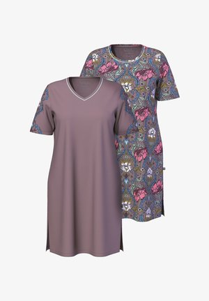Two short dresses: one solid mauve with a V-neck and short sleeves, and one patterned floral design with round neckline and side slits.