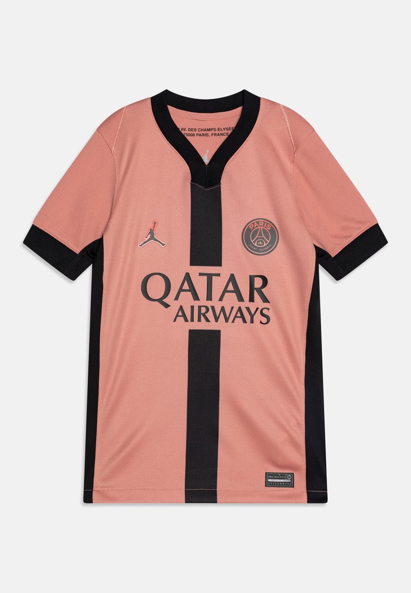 Pink football jersey with black accents and a central stripe. Features a V-neck, logo on the chest, and "QATAR AIRWAYS" text.