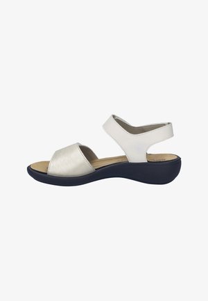 Sandali open-toe con una fascia anteriore in argento metallico e una fascia posteriore bianca, con suola imbottita blu navy per il massimo comfort.
