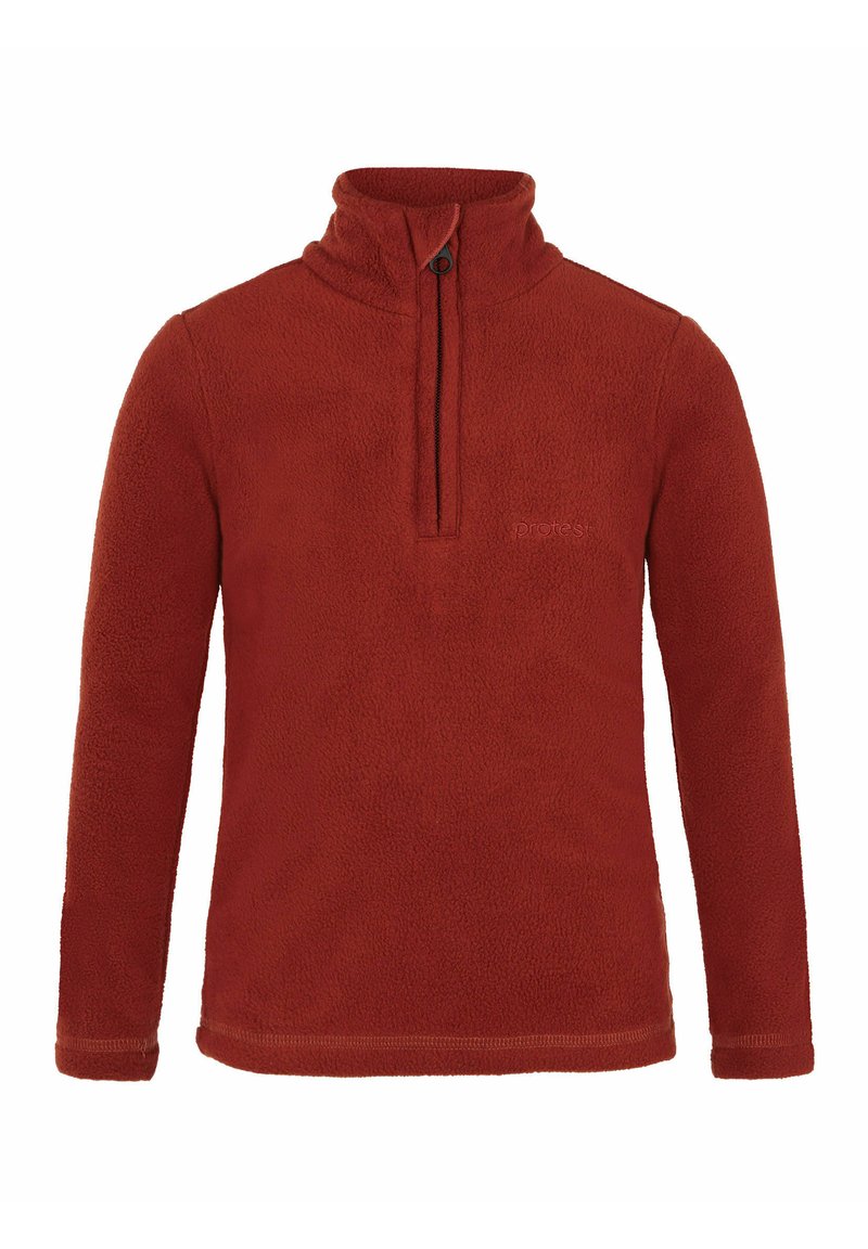 Crveni flis pulover s polu-zip ovratnikom, dugim rukavima i kontrastnim šavovima. Mekana tekstura i suptilni reljefni logo na prsima.
