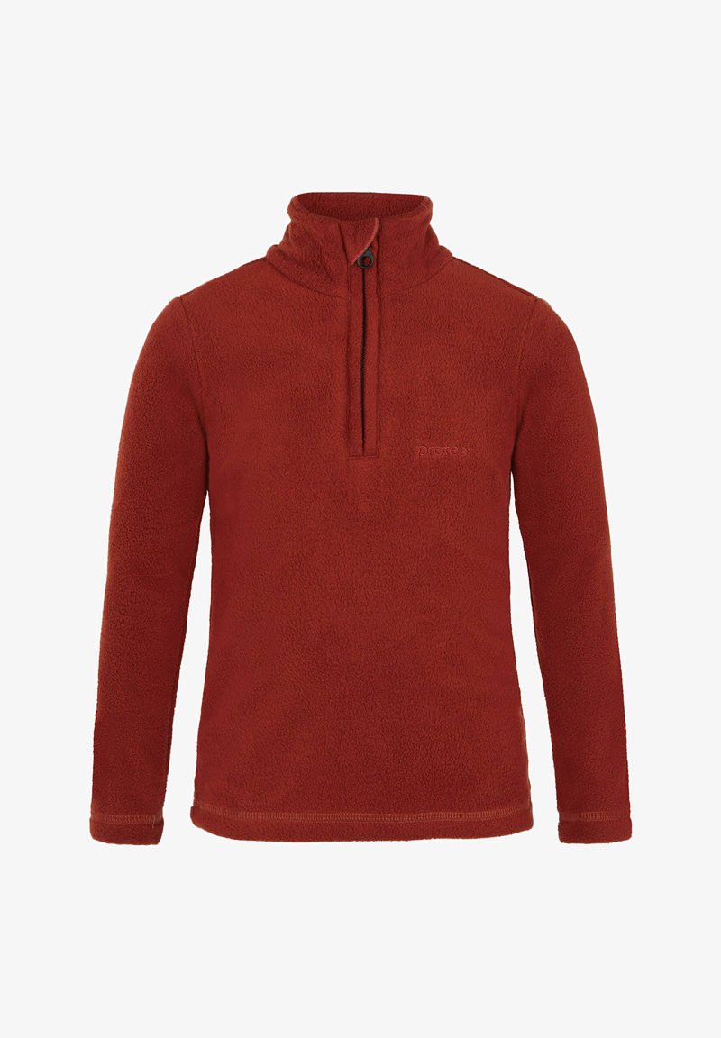 Crveni flis pulover s polu-zip ovratnikom, dugim rukavima i kontrastnim šavovima. Mekana tekstura i suptilni reljefni logo na prsima.