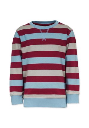 Sweter w paski wykonany z miękkiej tkaniny. Posiada poziome paski w kolorze burgundowym, jasnoniebieskim i szarym. Zawiera ściągacz na kołnierzu i mankietach.