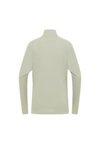 Camicia a maniche lunghe di colore verde chiaro con colletto alto, texture liscia e design aderente. Senza motivi o dettagli visibili.