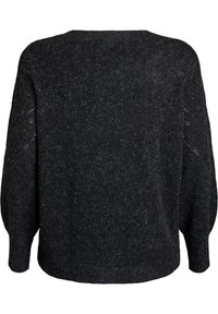 Knitted black sweater with a loose fit, textured surface, round neckline, and long sleeves featuring detailed stitching on the shoulders.
