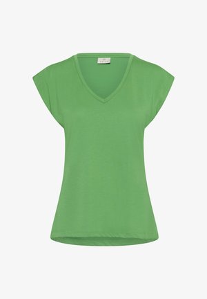 Grüne Bluse mit kurzen Ärmeln, V-Ausschnitt und lockerem Schnitt, aus leichtem Stoff, Etikett am hinteren Kragen sichtbar.