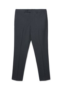 Pantaloni eleganti grigio scuro su misura con tasche laterali e cintura con bottoni, distesi su uno sfondo bianco.